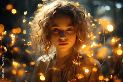 A Girl With Glowing Fireflies Arranged In A Dreamy Composition Instead Of Hair. Dreamy Composition, Glowing Fireflies, Fairy Tale, Aesthetic, Hair Replacement, Artistry, Creative Storytelling