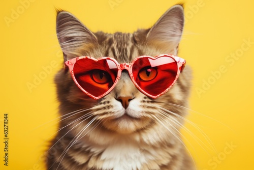 Closeup Portrait Cat With Heart Shaped Sunglasses. Cute Cat Selfies, Animal Portraits, Funky Feline Fashion, Protective Pet Accessories, Playing Dressup With Pets, Animal Photography Tips