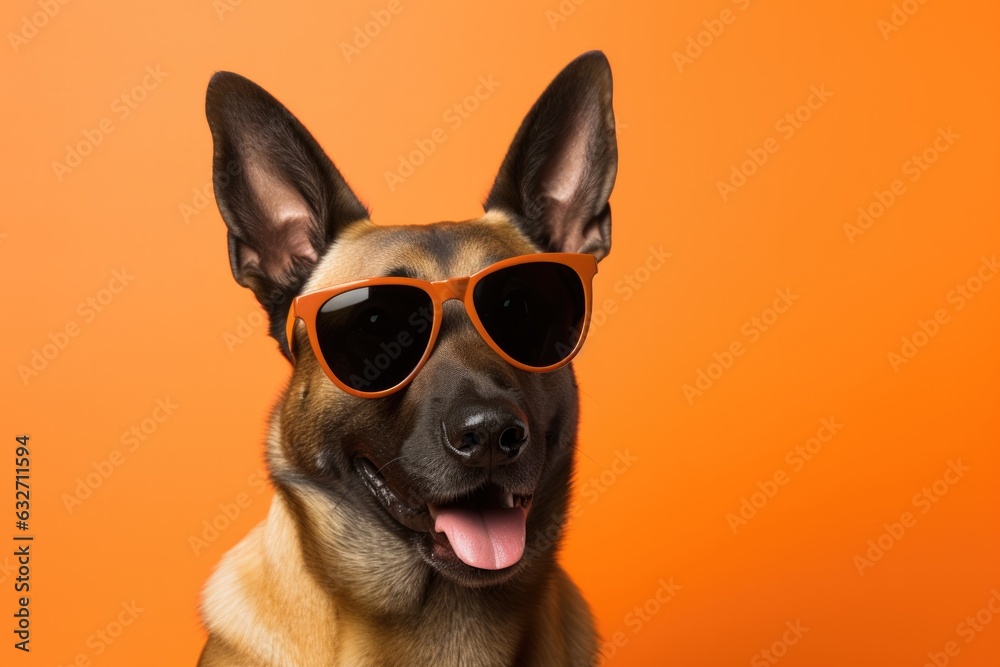 Portrait Belgian Malinois Dog With Sunglasses Orange Background . Portrait Of Belgian Malinois, Belgian Malinois With Sunglasses, Orange Background Photography, Dog Accessories Styling
