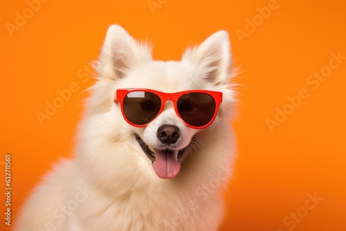 Portrait American Eskimo Dog Dog With Sunglasses Orange Background . Portrait American Eskimo Dog, Dog With Sunglasses, Orange Background, Animals In Clothing, Creative Photo Ideas, Shade Of Orange
