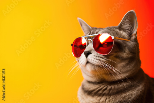 Portrait American Shorthair Cat With Sunglasses Orange Background . Cat Portraits, Sunglasses On Cats, American Shorthair Breed, Orange Backgrounds, Creative Photography Ideas