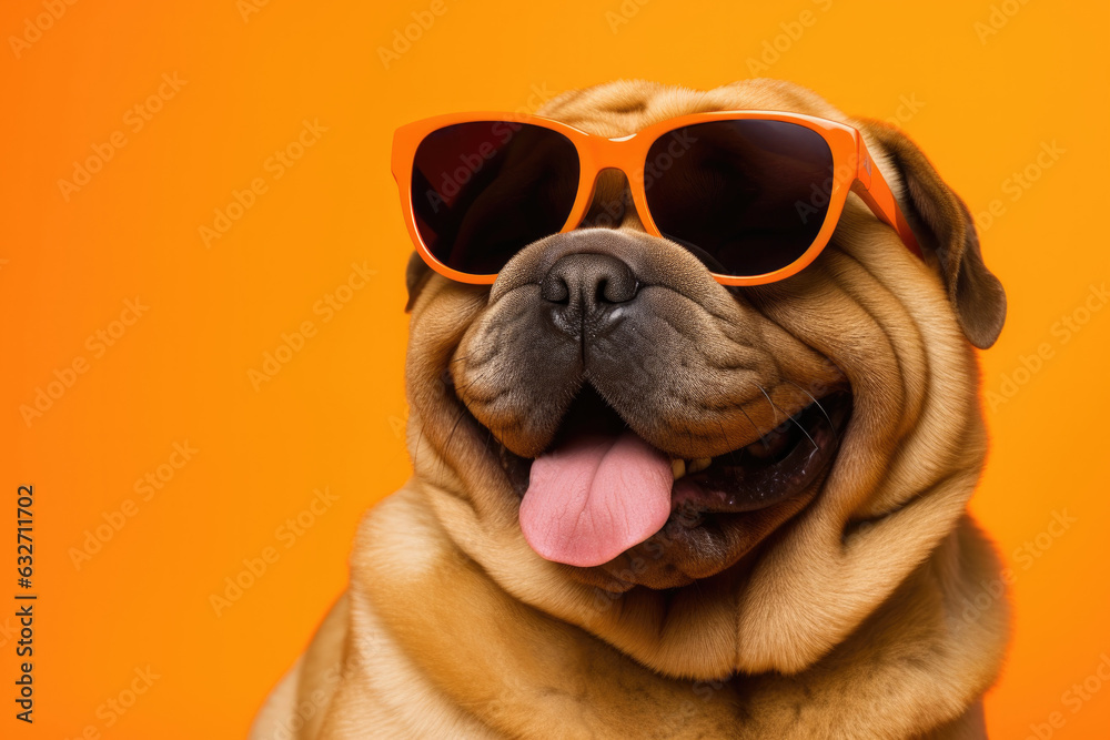 Portrait Chinese Shar Pei Dog With Sunglasses Orange Background . Dog Breeds, Shar Pei, Portraits, Pets, Accessories, Sunglasses, Backgrounds, Colors