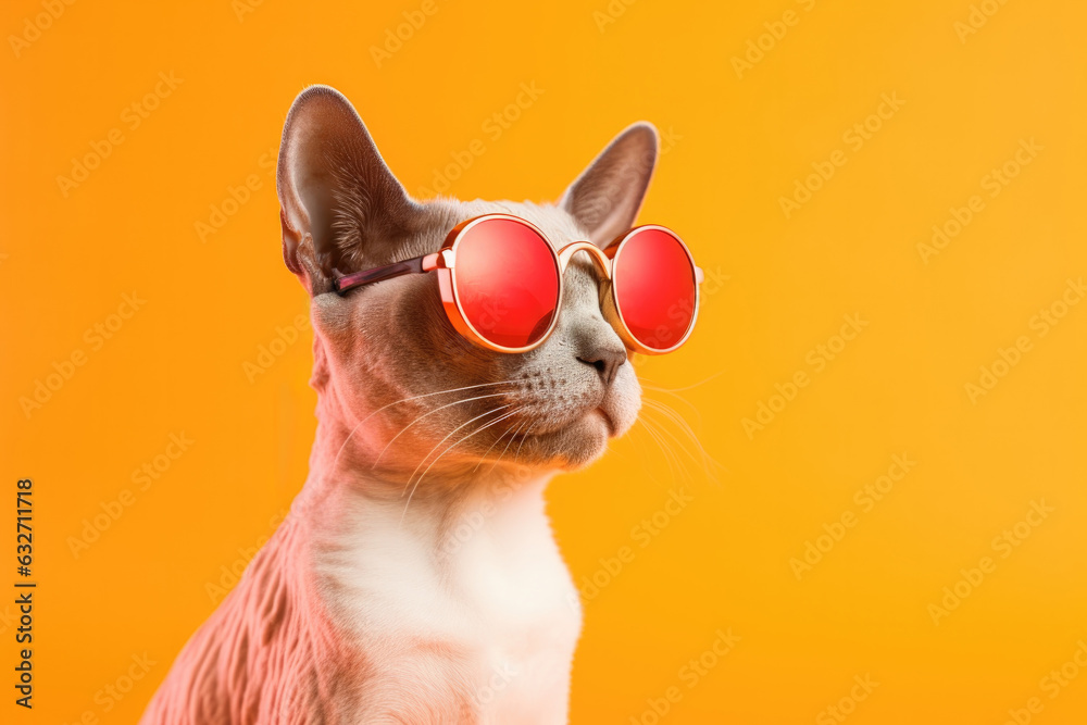 Portrait Devon Rex Cat With Sunglasses Orange Background . Coat Type Of Devon Rex Cats, Clothing Accessories For Pets, Orange Backgrounds, Portrait Photography, Sunglasses For Cats, Animal Portraits