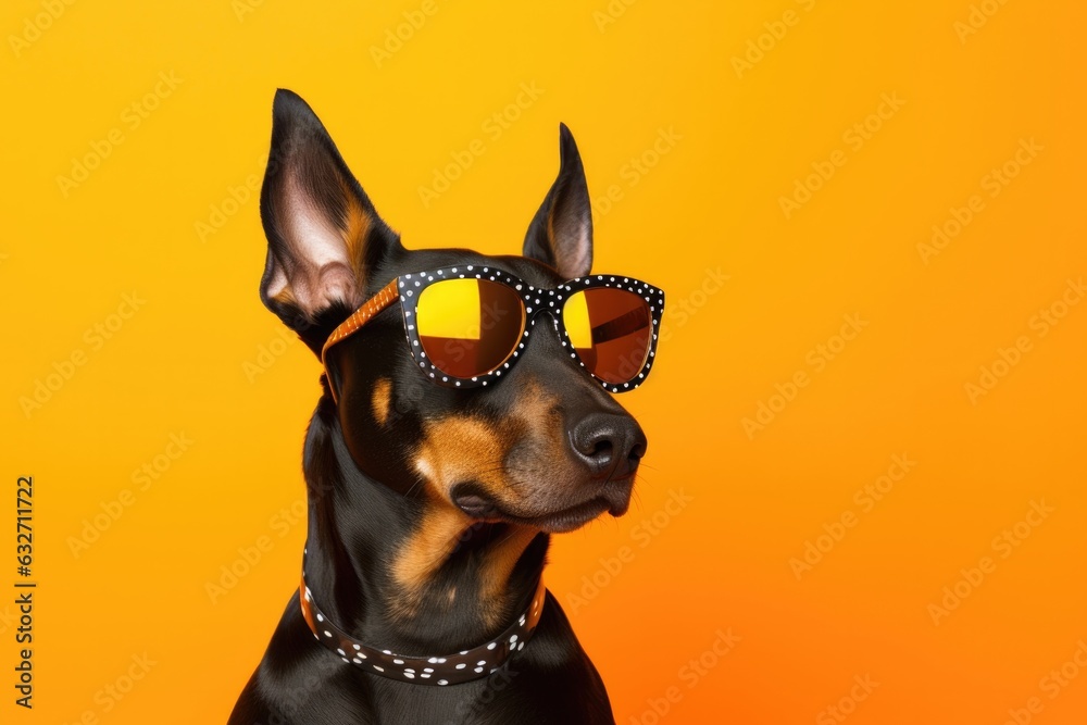 Portrait Doberman Pinscher Dog With Sunglasses Orange Background . Orange Background Photography, Doberman Pinschers, Pet Accessories, Dog Sunglasses, Portrait Photography, Dog Grooming, Dog Fashion