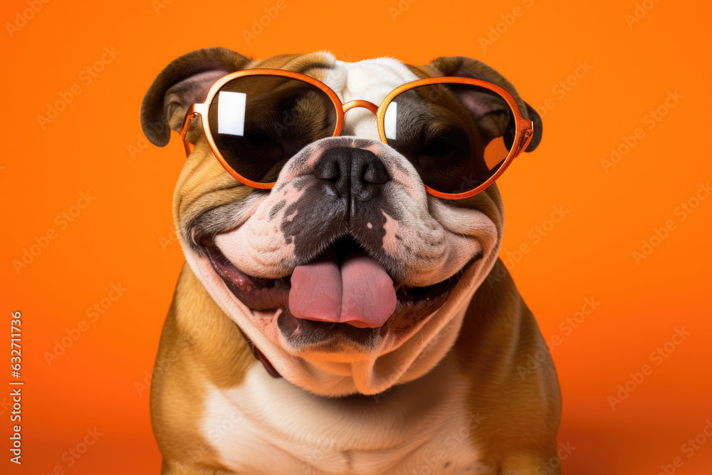Portrait English Bulldog Dog With Sunglasses Orange Background . Portrait Photography, English Bulldogs, Dog Clothing, Sunglasses, Orange Background, Dog Accessories, Canine Photography, Breeds