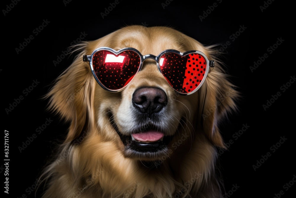 Portrait Golden Retriever Dog With Heart Shaped Sunglasses Black Background . Portrait Of A Golden Retriever, Sunglasses Style For Dogs, Heartshaped Accessories, Black Background Photography