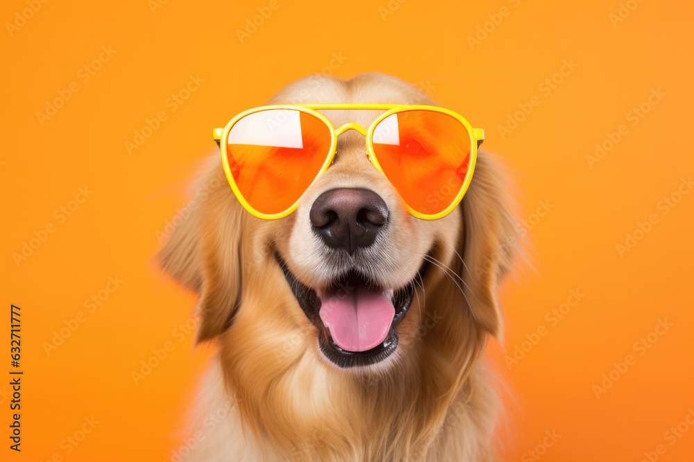 Portrait Golden Retriever Dog With Sunglasses Orange Background . Portrait Golden Retrievers, Dog With Sunglasses, Orange Background, Animal Photography, Pet Trends, Summer Accessories