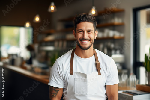 Cheerful barista wearing apron working at the counter in cafe indoors