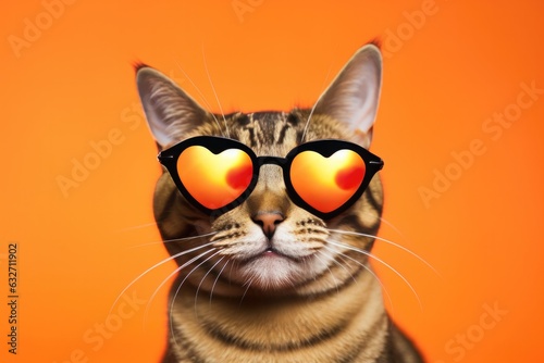 Portrait Pixiebob Cat With Heart Shaped Sunglasses Orange Background . Portrait, Pixiebob, Cats, Heart Shaped Sunglasses, Orange Background