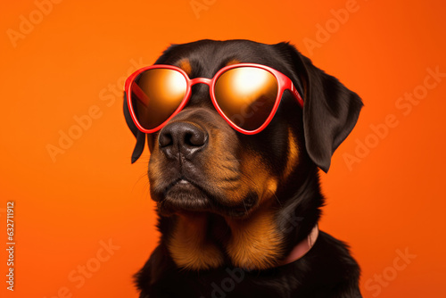 Portrait Rottweiler Dog With Sunglasses Orange Background . Rottweiler, Sunglasses, Orange, Portrait, Dog, Background, Canine, Pet © Ян Заболотний