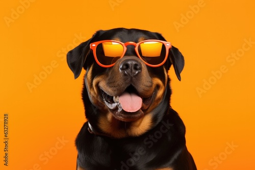 Portrait Rottweiler Dog With Sunglasses Orange Background . Photographing Dogs, Lighting Expertise, Interesting Props, Unusual Dog Breeds, Nature Backgrounds, Creating Memorable Photos