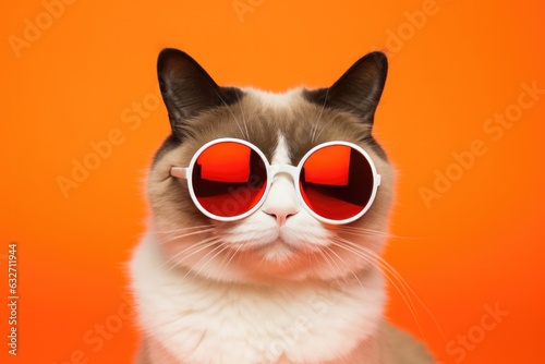 Portrait Snowshoe Cat With Sunglasses Orange Background . Portrait, Snowshoe Cat, Sunglasses, Orange Background, Cat Breeds, Cat Vision, Sun Protection, Fashion Trends