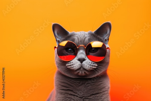 Portrait Russian Blue Cat With Sunglasses Orange Background . Portraits, Russian Blues, Cats, Sunglasses, Orange Background © Ян Заболотний