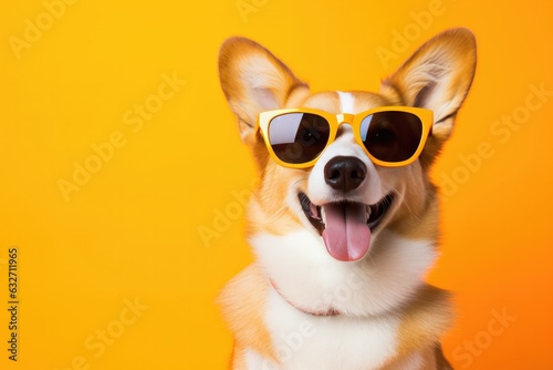 Portrait Welsh Corgi Dog With Sunglasses Orange Background . Sunglasses For Dogs, Welsh Corgi, Breeds, Corgis, Orange Background, Dogs Wearing Sunglasses, Aesthetic Dog Pictures, Portrait Photography