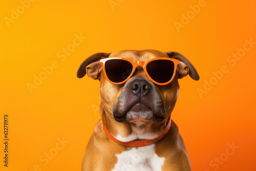 Fotografia Portrait Staffordshire Bull Terrier Dog With Sunglasses Orange Background