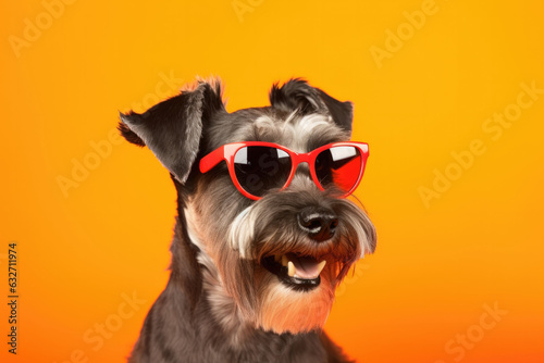 Portrait Standard Schnauzer Dog With Sunglasses Orange Background. Portrait, Schnauzer, Sunglasses, Orange Background