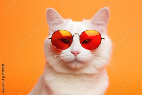 Portrait White Cat With Sunglasses Orange Background . Portrait Photography Of Cats, Cat Fashion Trends, White Cats, Funny Cat Accessories, Orange Background Photography, The Power Of Sunglasses