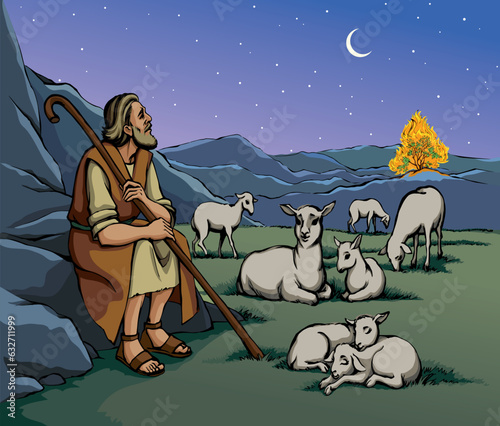 Vector drawing. Shepherd with sheep. Moses look at flaming bush