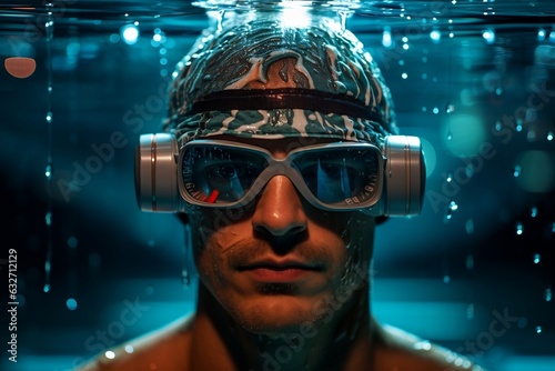 A man in swim cap and goggles gracefully gliding through the pool waters.