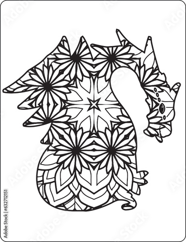 Dragon Mandala Coloring Pages for Kids. Hand drawn vector illustration with geometric and floral elements. Original hand drawn Dragon. Hand drawn decorative vector illustration for coloring