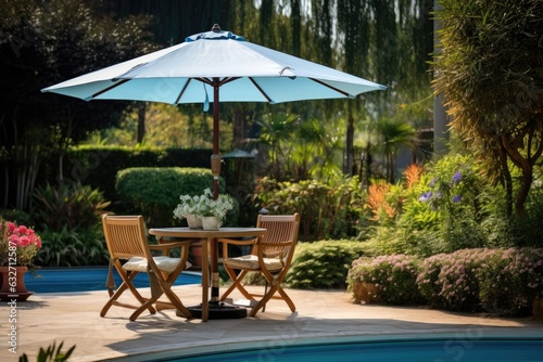 Cafe table with chair and parasol umbrella in the garden © kardaska