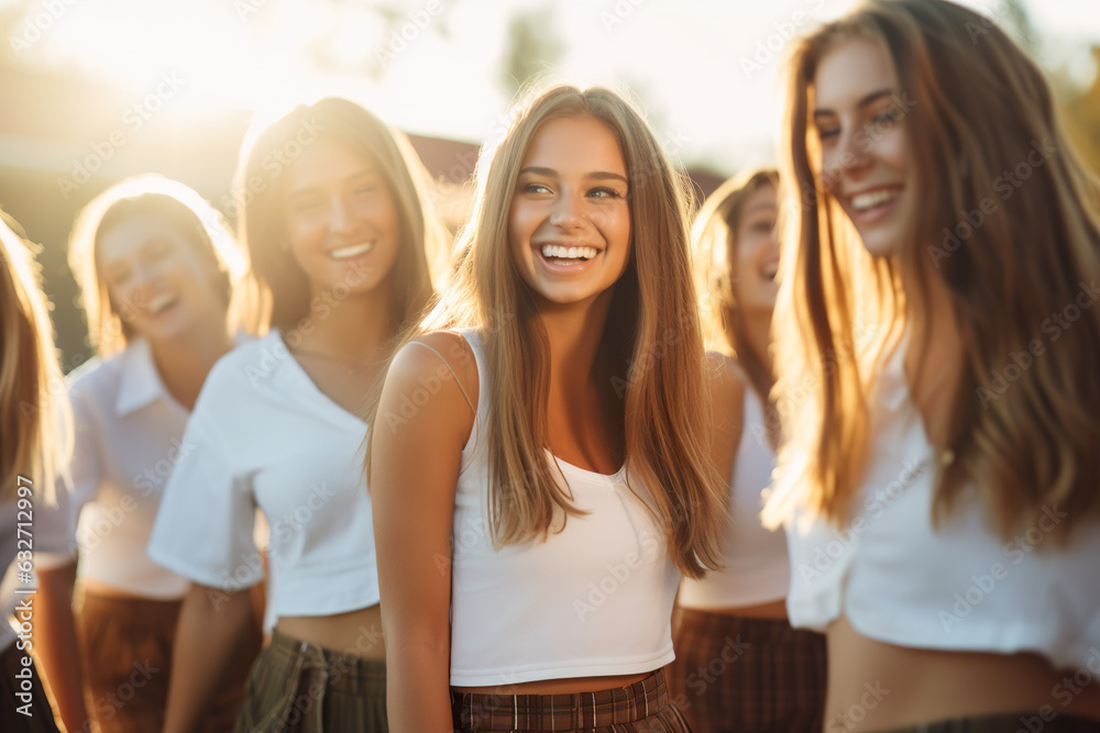 Adorable teenage girls in miniskirts in the yard Adorable teenage girls in miniskirts in the yard