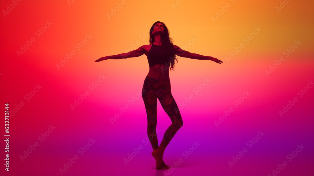 Silhouette of a woman doing yoga on a colored background.the concept of health and self-care. 