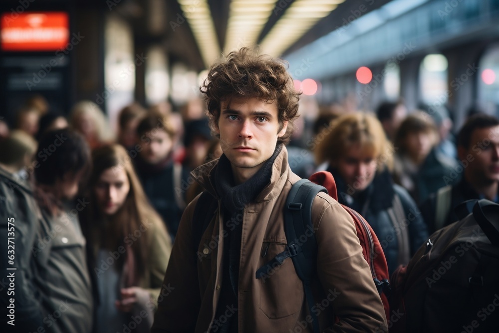 A bustling train station filled with a young adult man amidst the hurried and bustling crowd.