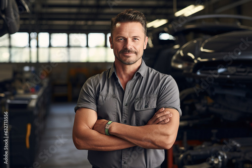 Portrait of confident male mechanic standing with arms crossed in auto repair shop