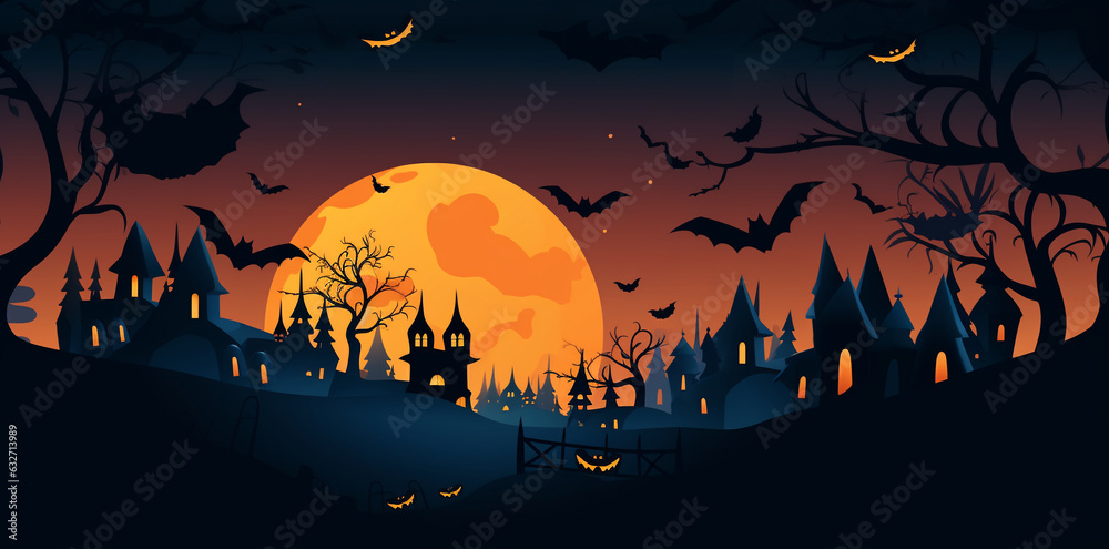 House, full moon, black silhouettes of trees and bats, glowing pumpkins