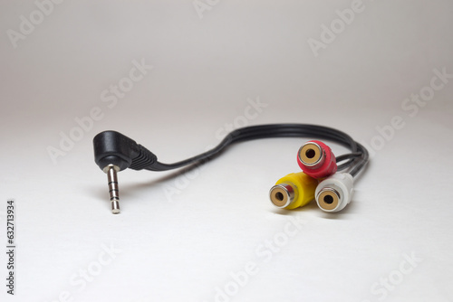 camera video cable. 3.5mm stereo angled TRRS jack and 3 RCA colorful female connectors. short cord adapter for viewing cam content directly on TV