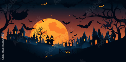 House, full moon, black silhouettes of trees and bats, glowing pumpkins