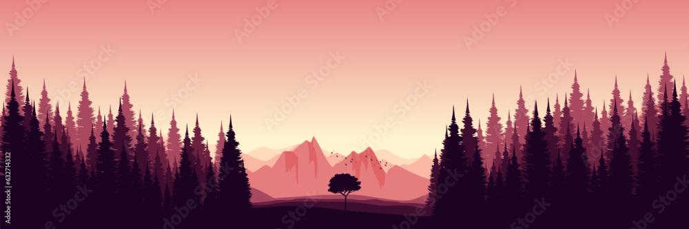 sunset colours panoramic sky mountain landscape with pine tree silhouette vector illustration good for wallpaper, backdrop, background, web banner, and design template