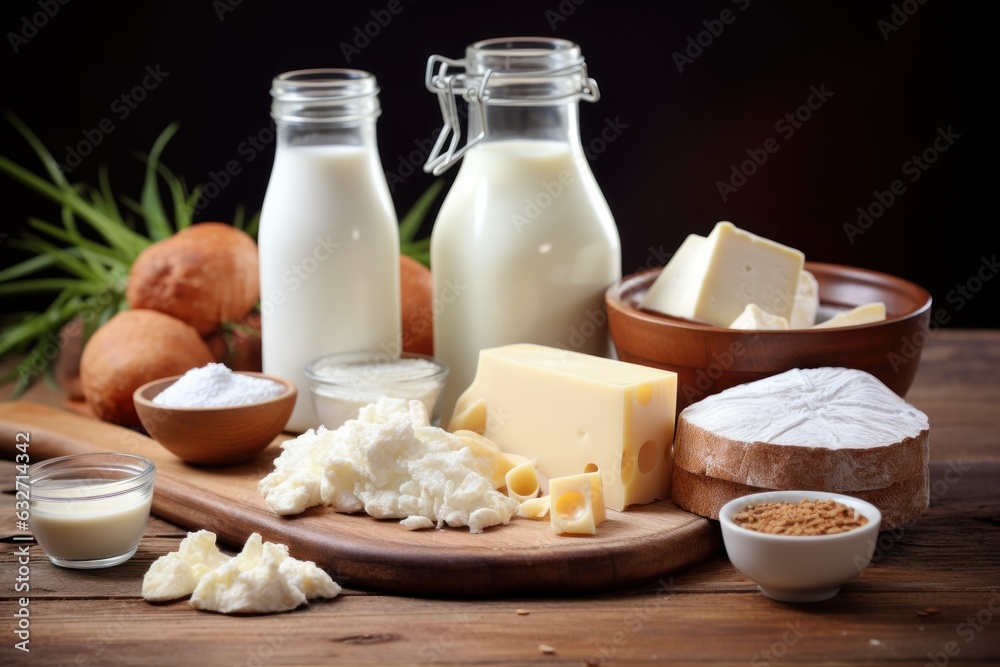 Dairy products shot on rustic wooden table. AI generated Dairy products shot on rustic wooden table. AI generated