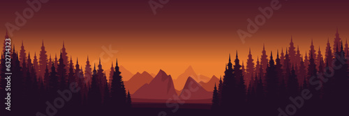sunset colours panoramic sky mountain landscape with pine tree silhouette vector illustration good for wallpaper  backdrop  background  web banner  and design template