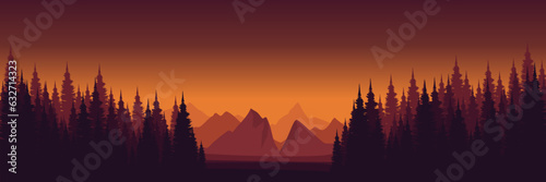sunset colours panoramic sky mountain landscape with pine tree silhouette vector illustration good for wallpaper, backdrop, background, web banner, and design template