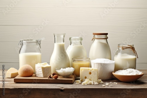 Dairy products shot on rustic wooden table. AI generated