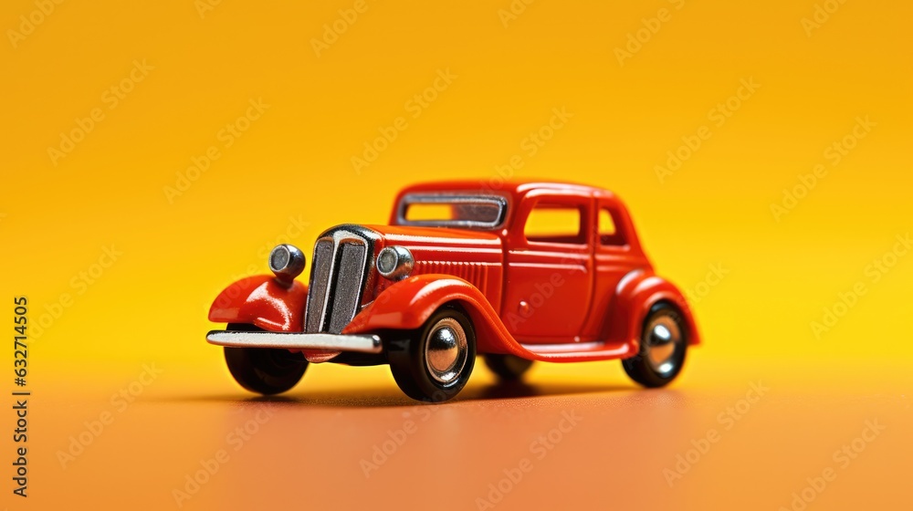 Orange toy matchbox car, yellow background; ideal for personal loans, car buying, leasing, dealership, banking.