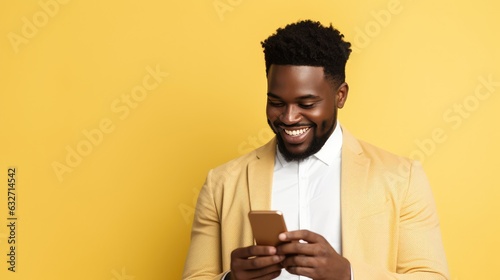 Black man smiling, fashionably dressed, checking smartphone against yellow background; ideal for online banking, marketing, sales, retail ads. Corporate design.