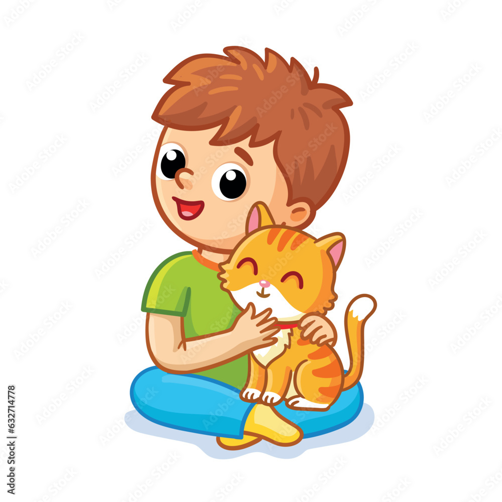 Cute boy sits with a kitten on a white background. Vector illustration with a child and an animal.
