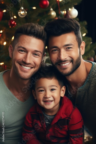 Smiling Male gay couple posing with their son in front of a christmas tree looking at the camera