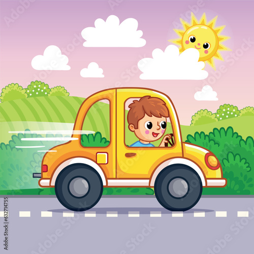 Cartoon style boy rides a yellow car in summer. Vector illustration .