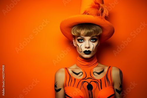 Woman with voodoo makeup and orange hair, orange balloons in the background. Happy Halloween and fashion concept. Generative AI.