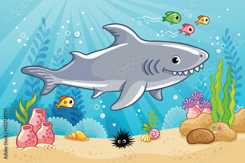 Cute shark in the sea among fish and algae. Vector illustration with dangerous fish.