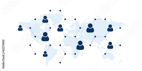 Social user network, people network illustration. Dots connected lines create network with world map background