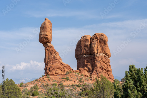 Balanced Rock in Arches National Park, Utah, USA on May 20, 2023. Balanced Rock is one of the most popular features of Arches National Park. 