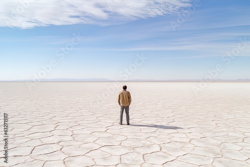 A man alone walking through the immensity of the salt flat. AI generated image.