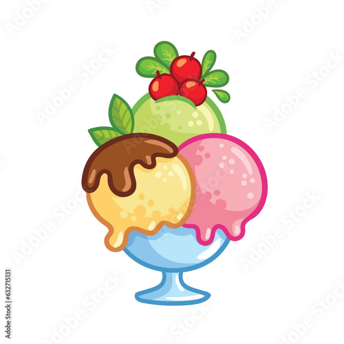 Dessert with balls of ice cream of different colors on a white background. Vector illustration with food.