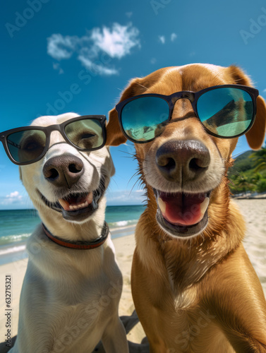Dogs on the beach taking selfies. The concept of summer, fun and vacationing with a pet. Generative AI. © lagano