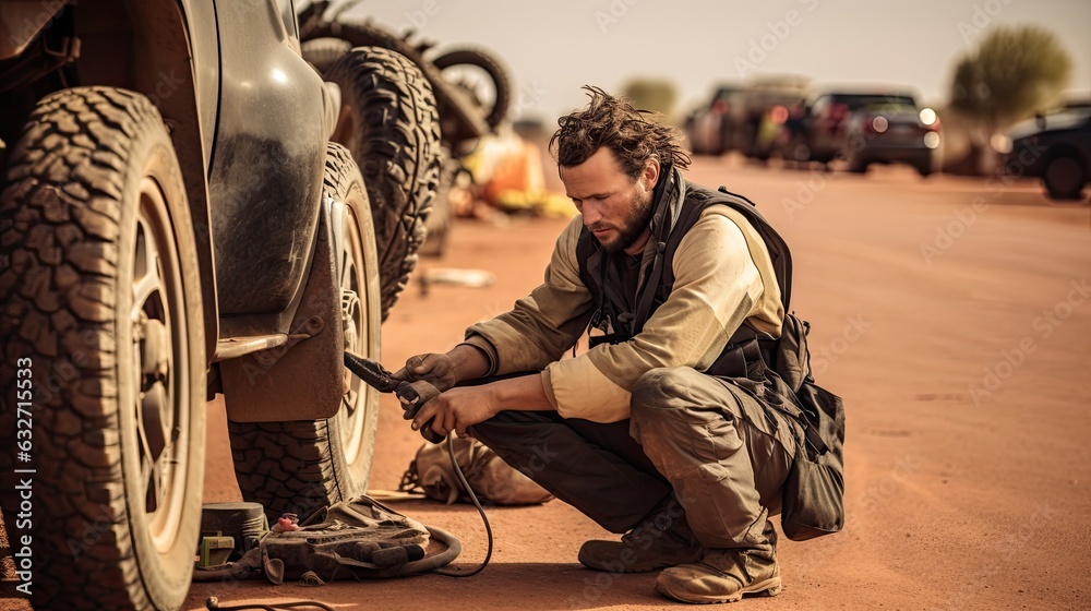Rally driver repairing the car in the desert. Rally driver repairing the car in the desert.